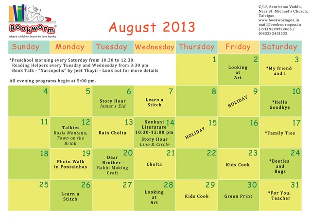 August 2013 Calendar Bookworm Trust