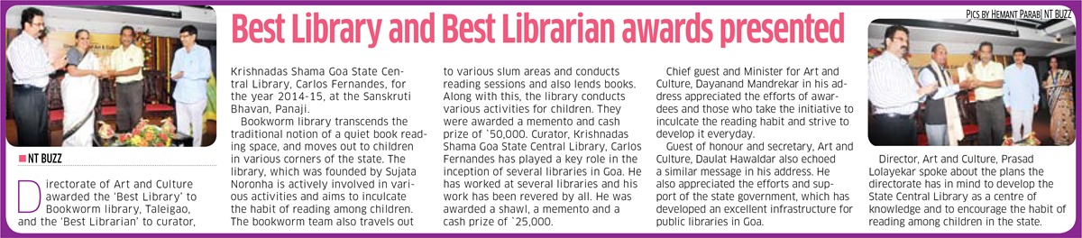 Best Library Award Bookworm - Navhind Times Report 25th May 2016