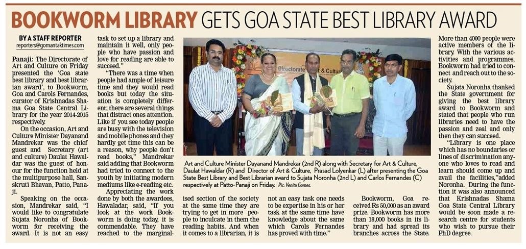 Bookworm Library Gets Goa State best Library Award